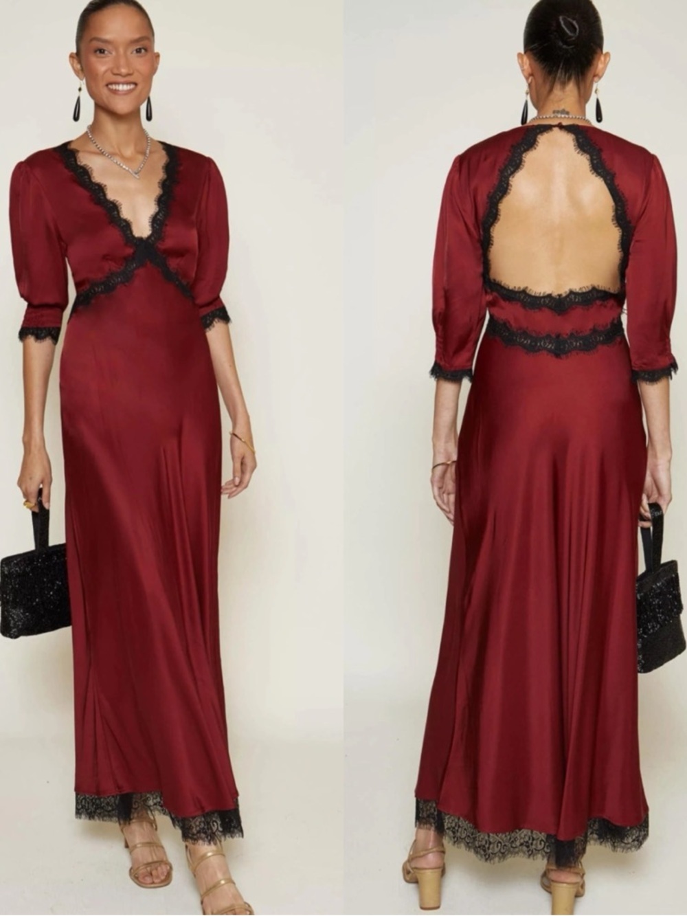 NWT RIXO Gabrielle Crimson Red Burgundy Lace Cut Out Maxi Dress